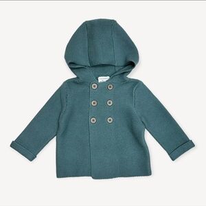 Hooded Double-Breasted Knit Pea Coat in Teal